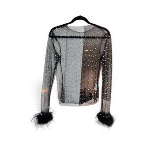 Sheer Mesh Black Top with Pearl Embellishments and feather cuffs! Size 2